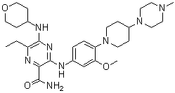 structure of CAS# 1254053-43-4, Gilteritinib;6-Ethyl-3-[[3-methoxy-4-[4-(4-methyl-1-piperazinyl)-1-piperidinyl]phenyl]amino]-5-[(tetrahydro-2H-pyran-4-yl)amino]-2-pyrazinecarboxamide; ASP 2215