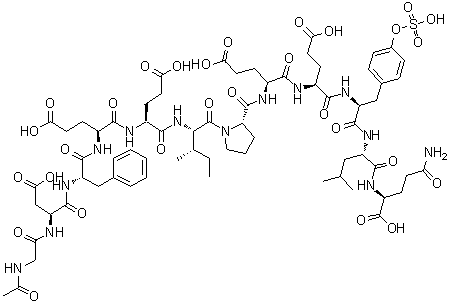 N-Acetylglycyl-L-alpha-aspartyl-L-phenylalanyl-L-alpha-glutamyl-L-alpha-glutamyl-L-isoleucyl-L-prolyl-L-alpha-glutamyl-L-alpha-glutamyl-O-sulfo-L-tyrosyl-L-leucyl-L-glutamine molecular structure (CAS 125441-00-1)