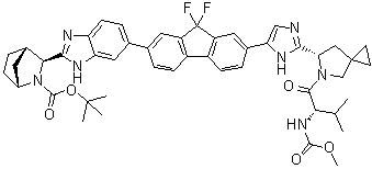 structure of CAS# 1256393-27-7, (1R,3S,4S)-3-[6-[9,9-Difluoro-7-[2-[(6S)-5-[(2S)-2-[(methoxycarbonyl)amino]-3-methyl-1-oxobutyl]-5-azaspiro[2.4]hept-6-yl]-1H-imidazol-5-yl]-9H-fluoren-2-yl]-1H-benzimidazol-2-yl]-2-azabicyclo[2.2.1]heptane-2-carboxylic acid 1,1-dimethylethyl ester