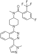 structure of CAS# 1258861-20-9, LY 2940680;4-Fluoro-N-methyl-N-[1-[4-(1-methyl-1H-pyrazol-5-yl)-1-phthalazinyl]-4-piperidinyl]-2-(trifluoromethyl)benzamide