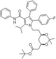 structure of CAS# 125971-95-1, tert-Butyl (4R,6R)-2-[[[6-(2-4-fluorophenyl)-5-isopropyl-3-phenyl-4-(phenylcarbamoyl)pyrrol-1-yl]ethyl]-2,2-dimethyl-1,3-dioxan-4-yl]acetate;(4R,6R)-6-[2-[2-(4-fluorophenyl)-5-(1-methylethyl)-3-phenyl-4-[(phenylamino)carbonyl]-1H-pyrrol-1-yl]ethyl]-2,2-dimethyl-1,3-Dioxane-4-acetic acid 1,1-dimethylethyl ester