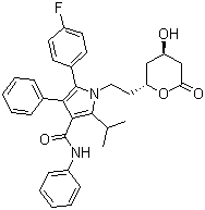 structure of CAS# 125995-03-1, Atorvastatin lactone;(4R,6R)-6-{2-[2-(4-Fluorophenyl)-5-isopropyl-3-phenyl-4-(phenylcarbamoyl)pyrrol-1-yl]ethyl}-4-hydroxytetrahydro-2H-pyran-2-one