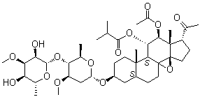 (3beta,5alpha,11alpha,12beta,14beta,17alpha,)-12-(Acetyloxy)-3-[[2,6-dideoxy-4-O-(6-deoxy-3-O-methyl-beta-D-allopyranosyl)-3-O-methyl-beta-D-arabino-hexopyranosyl]oxy]-8,14-epoxy-11-(2-methyl-1-oxopropoxy)-pregnan-20-one molecular structure (CAS 1260252-18-3)