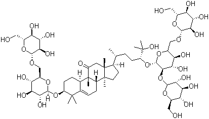 structure of CAS# 126105-11-1, 11-Oxomogroside V;(3beta,9beta,10alpha,24R)-24-[(O-beta-D-Glucopyranosyl-(1-2)-O-[beta-D-glucopyranosyl-(1-6)]-beta-D-glucopyranosyl)oxy]-3-[(6-O-beta-D-glucopyranosyl-beta-D-glucopyranosyl)oxy]-25-hydroxy-9-methyl-19-norlanost-5-en-11-one