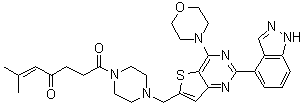 1-[4-[[2-(1H-Indazol-4-yl)-4-(4-morpholinyl)thieno[3,2-d]pyrimidin-6-yl]methyl]-1-piperazinyl]-6-methyl-5-heptene-1,4-dione molecular structure (CAS 1276105-89-5)