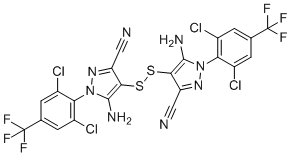 structure of CAS# 130755-46-3, 4,4'-dithiobis(5-amino-1-(2,6-dichloro-4-(trifluoromethyl)phenyl)-1H-pyrazole-3-carbonitrile);5-amino-4-[[5-amino-3-cyano-1-[2,6-dichloro-4-(trifluoromethyl)phenyl]pyrazol-4-yl]disulfanyl]-1-[2,6-dichloro-4-(trifluoromethyl)phenyl]pyrazole-3-carbonitrile