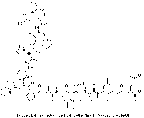 L-Cysteinyl-L-alpha-glutamyl-L-phenylalanyl-L-histidyl-L-alanyl-L-cysteinyl-L-tryptophyl-L-prolyl-L-alanyl-L-phenylalanyl-L-threonyl-L-valyl-L-leucylglycyl-L-glutamic acid molecular structure (CAS 1330060-95-1)