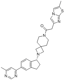 structure of CAS# 1334782-79-4, 2-(2-methylimidazo[2,1-b][1,3]thiazol-6-yl)-1-[2-[(1R)-5-(6-methylpyrimidin-4-yl)-2,3-dihydro-1H-inden-1-yl]-2,7-diazaspiro[3.5]nonan-7-yl]ethanone