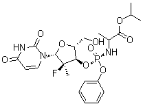 N-[[P(S),2'R]-2'-Deoxy-2'-fluoro-2'-methyl-P-phenyl-3'-uridylyl]-L-alanine 1-methylethyl ester molecular structure (CAS 1337482-15-1)