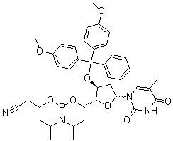 3'-O-[Bis(4-methoxyphenyl)phenylmethyl]thymidine 5'-[2-cyanoethyl bis(1-methylethyl)phosphoramidite] molecular structure (CAS 134031-86-0)