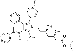 structure of CAS# 134395-00-9, Atorvastatin tert-butyl ester;(3R,5R)-7-[2-(4-Fluorophenyl)-5-isopropyl-3-phenyl-4-phenylcarbamoylpyrrol-1-yl]-3,5-dihydroxyheptanoic acid tert-butyl ester