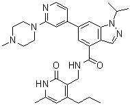 1-(1-Methylethyl)-N-[(6-methyl-2-oxo-4-propyl-1,2-dihydro-3-pyridinyl)methyl]-6-[2-(4-methyl-1-piperazinyl)-4-pyridinyl]-1H-indazole-4-carboxamide molecular structure (CAS 1346704-33-3)