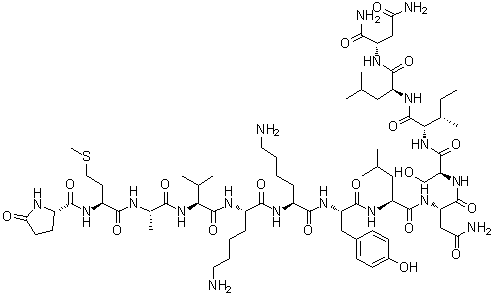 5-Oxo-L-prolyl-L-methionyl-L-alanyl-L-valyl-L-lysyl-L-lysyl-L-tyrosyl-L-leucyl-L-asparaginyl-L-seryl-L-isoleucyl-L-leucyl-L-aspartamide molecular structure (CAS 134907-86-1)