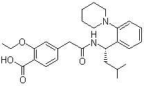 structure of CAS# 135062-02-1, Repaglinide;(S)-(+)-2-Ethoxy-4-[N-[1-(2-piperidinophenyl)-3-methyl-1-butyl]aminocarbonylmethyl]benzoic acid; Novonorm; Prandin