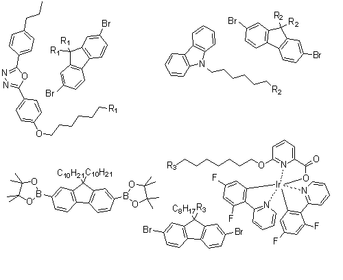 [6-[[6-(2,7-Dibromo-9-octyl-9H-fluoren-9-yl)hexyl]oxy]-2-pyridinecarboxylato]bis[3,5-difluoro-2-(2-pyridinyl)phenyl]-iridium polymer with 2,2'-[(2,7-dibromo-9H-fluoren-9-ylidene)bis(6,1-hexanediyloxy-4,1-phenylene)]bis[5-[4-(1,1-dimethylethyl)phenyl]-1,3,4-oxadiazole], 9,9'-[(2,7-dibromo-9H-fluoren-9-ylidene)di-6,1-hexanediyl]bis[9H-carbazole] and 2,2'-(9,9-didecyl-9H-fluorene-2,7-diyl)bis[4,4,5,5-tetramethyl-1,3,2-dioxaborolane] molecular structure (CAS 1352919-20-0)