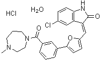 (3E)-5-Chloro-3-[[5-[3-[(hexahydro-4-methyl-1H-1,4-diazepin-1-yl)carbonyl]phenyl]-2-furanyl]methylene]-1,3-dihydro-2H-indol-2-one hydrochloride hydrate (1:1:1) molecular structure (CAS 1353858-99-7)