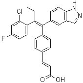 structure of CAS# 1365888-06-7, (E)-3-[4-[(E)-2-(2-Chloro-4-fluorophenyl)-1-(1H-indazol-5-yl)but-1-en-1-yl]phenyl]-2-propenoic acid
