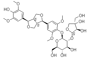 结构式 CAS# 136997-64-3, (-)-丁香树脂酚-4-O-beta-D-呋喃芹糖基-(1→2)-beta-D-吡喃葡萄糖苷
