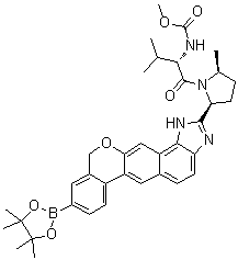 Methyl [(2S)-3-methyl-1-[(2S,5S)-2-methyl-5-[9-(4,4,5,5-tetramethyl-1,3,2-dioxaborolan-2-yl)-1,11-dihydroisochromeno[4',3':6,7]naphtho[1,2-d]imidazol-2-yl]pyrrolidin-1-yl]-1-oxobutan-2-yl]carbamate molecular structure (CAS 1378392-97-2)