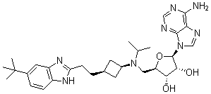 9-[5-脱氧-5-[[顺式-3-[2-[6-叔丁基-1H-苯并咪唑-2-基]乙基]环丁基](1-甲基乙基)氨基]-beta-D-呋喃核糖基]-9H-嘌呤-6-胺分子结构 (CAS 1380288-87-8)