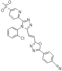 结构式 CAS# 1380672-07-0, 4-[5-[(1E)-2-[4-(2-氯苯基)-5-[5-(甲基磺酰基)-2-吡啶基]-4H-1,2,4-三唑-3-基]乙烯基]-1,3,4-恶二唑-2-基]苯甲腈