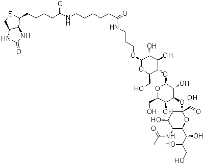 (3aS,4S,6aR)-N-[6-[[3-[[O-(N-Acetyl-alpha-neuraminosyl)-(2→3)-O-beta-D-galactopyranosyl-(1→4)-beta-D-glucopyranosyl]oxy]propyl]amino]-6-oxohexyl]hexahydro-2-oxo-1H-thieno[3,4-d]imidazole-4-pentanamide molecular structure (CAS 1384441-58-0)