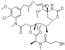 structure of CAS# 139504-50-0, Mertansine;DM 1; Maytansinoid DM 1;N2'-Deacetyl-N2'-(3-mercapto-1-oxopropyl)maytansine; [(1S,2R,3S,5S,6S,16E,18E,20R,21S)-11-chloro-21-hydroxy-12,20-dimethoxy-2,5,9,16-tetramethyl-8,23-dioxo-4,24-dioxa-9,22-diazatetracyclo[19.3.1.110,14.03,5]hexacosa-10,12,14(26),16,18-pentaen-6-yl] (2S)-2-[methyl(3-sulfanylpropanoyl)amino]propanoate
