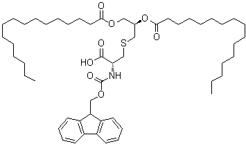 Hexadecanoic acid (1R)-1-[[[(2R)-2-carboxy-2-[[(9H-fluoren-9-ylmethoxy)carbonyl]amino]ethyl]thio]methyl]-1,2-ethanediyl ester molecular structure (CAS 139573-77-6)