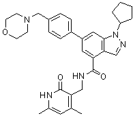 structure of CAS# 1396772-26-1, EPZ 005687;1-Cyclopentyl-N-((4,6-dimethyl-2-oxo-1,2-dihydropyridin-3-yl)methyl)-6-(4-(morpholinomethyl)phenyl)-1H-indazole-4-carboxamide
