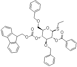 Ethyl 3,6-bis-O-(phenylmethyl)-1-thio-beta-D-glucopyranoside 2-benzoate 4-(9H-fluoren-9-ylmethyl carbonate) molecular structure (CAS 1416144-50-7)