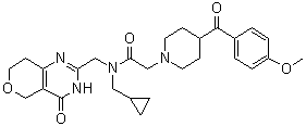 结构式 CAS# 1419949-20-4, N-环丙基甲基-2-[4-(4-甲氧基苯甲酰基)哌啶-1-基]-N-[(4-氧代-3,5,7,8-四氢-4H-吡喃并[4,3-d]嘧啶-2-基)甲基]乙酰胺
