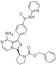 structure of CAS# 1420478-89-2, (2S)-2-[8-Amino-1-[4-[(2-pyridinylamino)carbonyl]phenyl]imidazo[1,5-a]pyrazin-3-yl]-1-pyrrolidinecarboxylic acid phenylmethyl ester