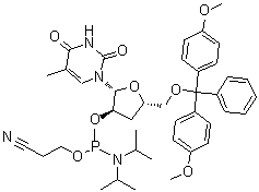 5'-O-[Bis(4-methoxyphenyl)phenylmethyl]-3'-deoxy-5-methyluridine 2'-[2-cyanoethyl N,N-bis(1-methylethyl)phosphoramidite] molecular structure (CAS 142103-12-6)