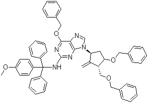 structure of CAS# 142217-80-9, 6-(Benzyloxy)-9-((1S,3R,3S)-4-(benzyloxy)-3-(benzyloxymethyl)-2-methylenecyclopentyl)-N-((4-methoxyphenyl)diphenylmethyl)-9H-purin-2-amine