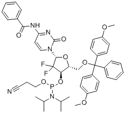 N-[1-[(2R,4R,5R)-5-[[双(4-甲氧基苯基)-苯基甲氧基]甲基]-4-[2-氰基乙氧基-[二(丙烷-2-基)氨基]膦基]氧基-3,3-二氟四氢呋喃-2-基]-2-氧代嘧啶-4-基]苯甲酰胺分子结构 (CAS 142808-44-4)