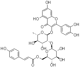 槲皮素 3-O-beta-D-(6''-p-香豆酰)吡喃葡萄糖基(1→2)-alpha-L-吡喃鼠李糖苷分子结构 (CAS 143061-65-8)