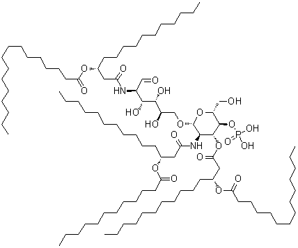 2-Deoxy-6-O-[2-deoxy-2-[[(3R)-1-oxo-3-[(1-oxododecyl)oxy]tetradecyl]amino]-3-O-[(3R)-1-oxo-3-[(1-oxotetradecyl)oxy]tetradecyl]-4-O-phosphono-beta-D-glucopyranosyl]-2-[[(3R)-1-oxo-3-[(1-oxohexadecyl)oxy]tetradecyl]amino]-D-glucose molecular structure (CAS 143110-73-0)