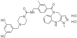 结构式 CAS# 1432043-31-6, N-[[4-[(4,10-二氢-1-甲基吡唑并[3,4-b][1,5]苯并二氮杂卓-5(1H)-基)羰基]-2-甲基苯基]甲基]-4-[(3,5-二羟基苯基)甲基]-1-哌嗪甲酰胺二盐酸盐