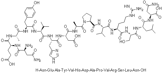 L-Asparaginyl-L-alpha-glutamyl-L-alanyl-L-tyrosyl-L-valyl-L-histidyl-L-alpha-aspartyl-L-alanyl-L-prolyl-L-valyl-L-arginyl-L-seryl-L-leucyl-L-asparagine molecular structure (CAS 143305-11-7)