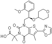 1,4-Dihydro-1-[(2R)-2-(2-methoxyphenyl)-2-[(tetrahydro-2H-pyran-4-yl)oxy]ethyl]-alpha,alpha,5-trimethyl-6-(2-oxazolyl)-2,4-dioxothieno[2,3-d]pyrimidine-3(2H)-acetic acid molecular structure (CAS 1434635-54-7)