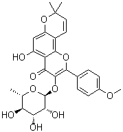 structure of CAS# 143601-07-4, 3-[(6-Deoxy-alpha-L-mannopyranosyl)oxy]-5-hydroxy-2-(4-methoxyphenyl)-8,8-dimethyl-4H,8H-benzo[1,2-b:3,4-b']dipyran-4-one