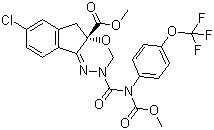 结构式 CAS# 144171-61-9, 茚虫威; 7-氯-2,5-二氢-2-[N-(甲氧基甲酰基)-4-(三氟甲氧基)苯胺甲酰]茚并[1,2-e][1,3,4]噁二嗪-4a(3H)-甲酸甲酯