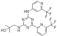 structure of CAS# 1446502-11-9, Enasidenib;2-Methyl-1-(4-(6-(trifluoromethyl)pyridin-2-yl)-6-(2-(trifluoromethyl)pyridin-4-ylamino)-1,3,5-triazin-2-ylamino)propan-2-ol