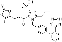 structure of CAS# 144689-63-4, Olmesartan medoxomil;Olmetec; CS-866; 4-(1-Hydroxy-1-methylethyl)-2-propyl-1-[[2'-(1H-tetazol-5-yl)[1,1'-biphenyl]-4-yl]methyl]-1H-imidazole-5-carboxylic acid (5-Methyl-2-oxo-1,3-dioxol-4-yl)methyl ester