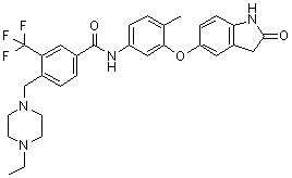 N-[3-[(2,3-Dihydro-2-oxo-1H-indol-5-yl)oxy]-4-methylphenyl]-4-[(4-ethyl-1-piperazinyl)methyl]-3-(trifluoromethyl)benzamide molecular structure (CAS 1449685-96-4)