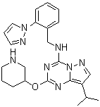 8-(1-Methylethyl)-2-(3-piperidinyloxy)-N-[[2-(1H-pyrazol-1-yl)phenyl]methyl]pyrazolo[1,5-a]-1,3,5-triazin-4-amine molecular structure (CAS 1453834-21-3)