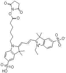 结构式 CAS# 146368-16-3, 2-[3-[1-[6-[(2,5-二氧代-1-吡咯烷基)氧基]-6-氧代己基]-1,3-二氢-3,3-二甲基-5-磺基-2H-吲哚-2-亚基]-1-丙烯-1-基]-1-乙基-3,3-二甲基-5-磺基-3H-吲哚鎓内盐