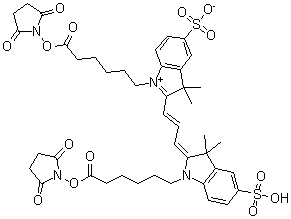 结构式 CAS# 146397-20-8, 1-[6-[(2,5-二氧代-1-吡咯烷基)氧基]-6-氧代己基]-2-[3-[1-[6-[(2,5-二氧代-1-吡咯烷基)氧基]-6-氧代己基]-1,3-二氢-3,3-二甲基-5-磺基-2H-吲哚-2-亚基]-1-丙烯基]-3,3-二甲基-5-磺基-3H-吲哚鎓内盐