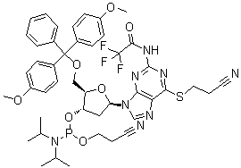 5'-O-[Bis(4-methoxyphenyl)phenylmethyl]-6-S-(2-cyanoethyl)-2'-deoxy-6-thio-N-(2,2,2-trifluoroacetyl)guanosine 3'-[2-cyanoethyl N,N-bis(1-methylethyl)phosphoramidite] molecular structure (CAS 146691-59-0)