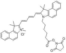 (2,5-dioxopyrrolidin-1-yl) 6-[(2Z)-1,1-dimethyl-2-[(2E,4E)-5-(1,1,3-trimethylbenzo[e]indol-3-ium-2-yl)penta-2,4-dienylidene]benzo[e]indol-3-yl]hexanoate chloride molecular structure (CAS 1469277-96-0)